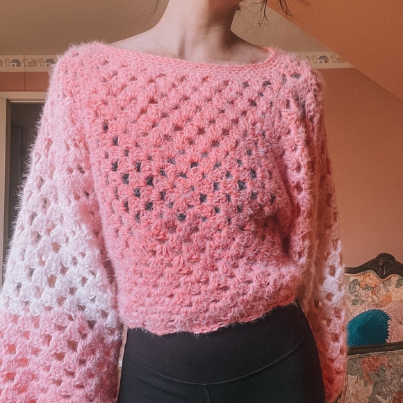 Handmade Crochet Pink Ombre Granny Square Fuzzy Sweater Size S/M - Picture 5 of 8